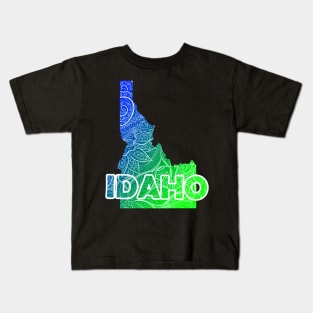 Colorful mandala art map of Idaho with text in blue and green Kids T-Shirt